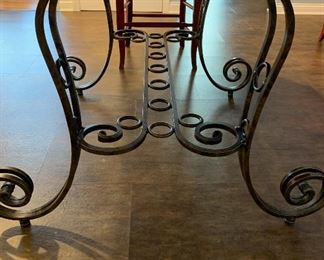 Lot 8238. $300.00 Beautiful Cherry Wood Dining Table with Wrought Iron Base and 6 Pottery Barn Napoleon Dining Chairs with Rush Seats in Red (.Very Rare)