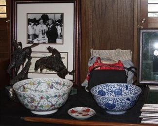 Chinese porcelain bowls, Remington Bronzes, framed Byron Nelson signed photograph and score card with COA. 