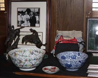 Chinese porcelain bowls, Remington Bronzes, framed Byron Nelson signed photograph and score card with COA. 