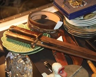 WW2 German Bayonet (without scabbard), WW2 Czechoslovakian Bayonet with scabbard, Men western leather belt with silver buckle, Limoges plates.