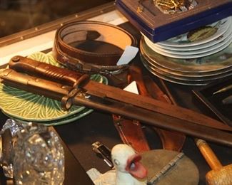 WW2 German Bayonet (without scabbard), WW2 Czechoslovakian Bayonet with scabbard, Men western leather belt with silver buckle, Limoges plates.