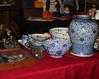 antique blue and white lotus and other Chinese pottery.