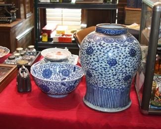 antique blue and white lotus and other Chinese pottery.