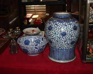 antique blue and white lotus and other Chinese pottery.