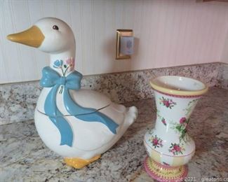 Charming Goose Cookie Jar and Pink and Yellow Vase