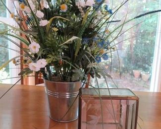 Cheerful Flowers in Metal Bucket and Etched Glass Box