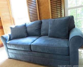 Lovely Blue Suede Rolled Arm Sleeper Sofa