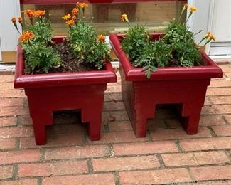 Pair of Red Patio Planter Full of Marigolds