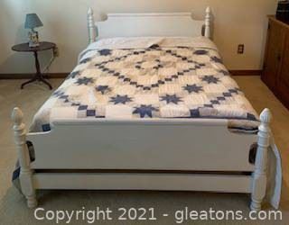 Sturdy White Wooden Full Size Bed with Mattress Linens