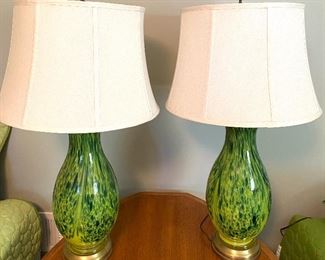 Pair of Stunning Bright Green and Yellow Glass Table Lamps. Measures 31" to the top of the shade.