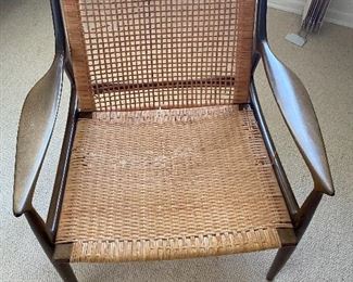 Awesome Mid Century Chair with wood frame and caning seats. Some wear to the caning and needs some repair.
Measures 29.5" h and arm to arm 27"