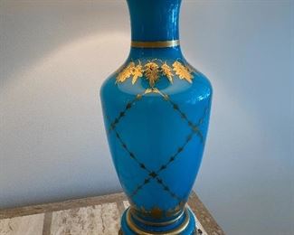 Wonderful Vintage Glass Aqua Colored Table Lamp. The lamp alone measures 22.25" and with the shade, measures 37" tall. The shade is as-is as it has a couple tears in it.