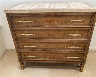 Small Mid Century Chest of Drawers with decorative marble top with light wear to the finish. The top handle handle on the right has broken from the brass holder and needs to be reglued.