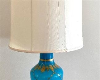 Wonderful Vintage Glass Aqua Colored Table Lamp. The lamp alone measures 22.25" and with the shade, measures 37" tall. The shade is as-is as it has a couple tears in it.