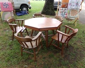 HABITANT FURNITURE OF BAY CITY. TABLE WITH 5 MATCHING CHAIRS $495.00. TABLE HAS GAME TOP AND DINING TOP
