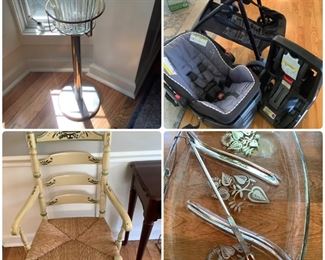 Vintage brass & crystal ice bucket & stand, Graco car set/stroller with 2 bases, Hitchcock arm chair, Georges Briard relish tray