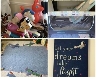 Misc ride on toys, Baby Trend nursery center, Pottery Barn Airplane rug, artwork