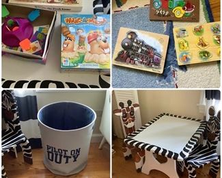 Misc toys, puzzles, fabric bin, animal table & 2 chairs