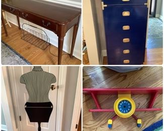 Cherry sofa table, ColorMates tall chest, Bombay clothes rack, airplane clock