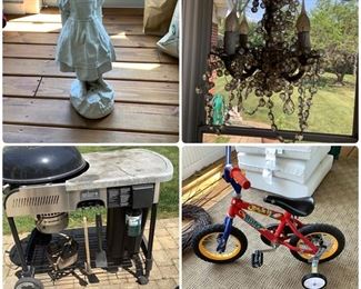 statue, small chandelier, Weber grill, small kids bike