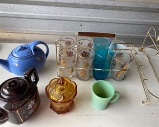 Jadeite Cup, Two Teapots, and Vintage Glasses