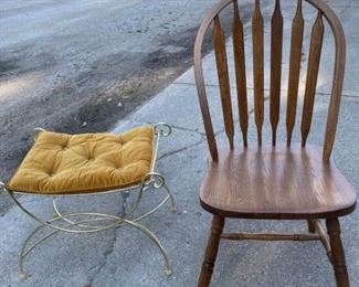 Oak chair and metal vanity bench
