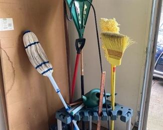 Rakes, Broom, Wet Mop, Dust Mop, Watering Can, Tool Caddy, Shepherds Hook and Awesome Vintage Yard Stick