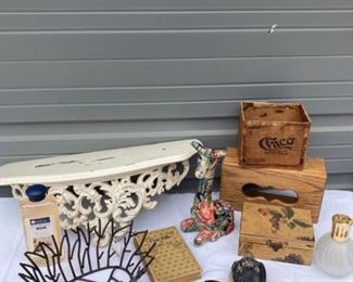 Silver plate brush and comb, metal basket, oak tissue box, giraffe