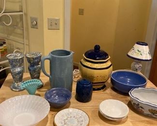 Spongeware, Montgomery Ward Blue Bowl with Cream Rim Around Top, Blue Pitcher, and More