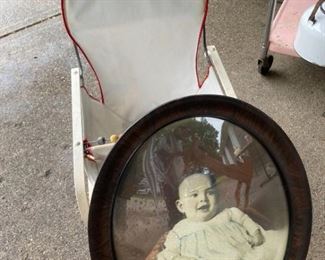 Vintage Baby Bouncing Chair and Framed Baby Picture
