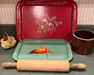 Vintage Trays and Wood Rolling Pin, Crock, and Newish Woven Basket