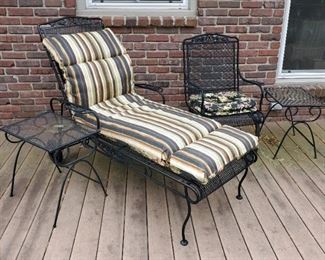 2 Wheeled Metal Patio Chase Lounger, Spring Rocker Chair, And Side Tables, Qty 2