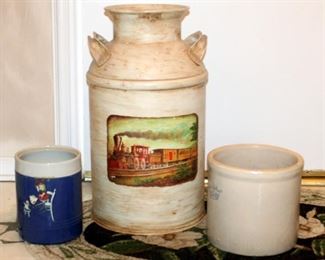 Painted Metal Dairy Can, 24" Tall, 2 Gallon Stoneware Crock And Painted 1 Gallon Crock