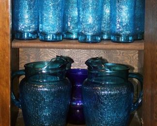 Anchor Hocking Lazer Blue Drinking Glasses With Pitchers And Assorted Dishes