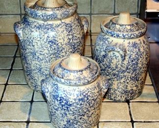 Roseville Pottery, Blue Sponge Ware Canister Set Qty 3