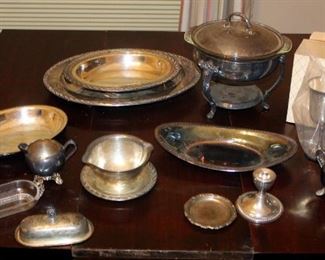 Silver Plate And Sterling Silver Serving Dishes Including Chafing Dish, Oval Platters, Sugar, Creamer, Butter Dish And More 12 Pieces