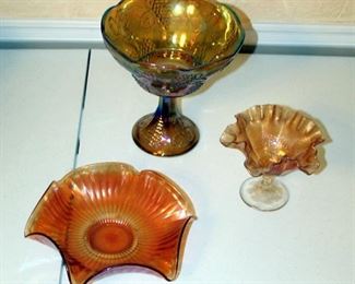 Carnival Glass Pedestal Bowl, 8.5" X 8.25", 9" Ruffle Plate And Ruffled Edge Candy Dish