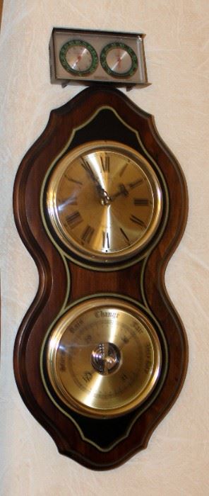 Vintage Bulova Wall Clock And Barometer 23" X 11" And Springfield Desk Thermometer