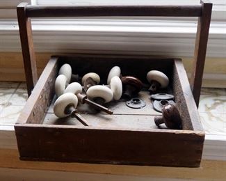 Antique Porcelain Door Knobs Qty. 11 And Wood Tray With Handle