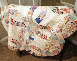 Hand Stitched Wedding Ring Patch Quilt, 82" X 82", And Arts And Craft Wood Quilt Stand, 32" x 25" x 7"