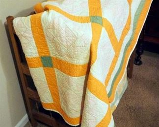 Hand Stitched Patch Quilts, Qty 2, 60" x 76" And 76" x 90", With Oak Quilt Rack, 36" x 32" x 18"
