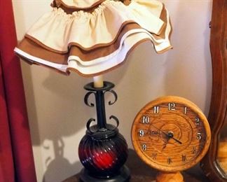 Hand Crafted Battery Operated Clock ,10" Tall, And Vintage Table Lamp With Serial Glass Globe, 20" Tall