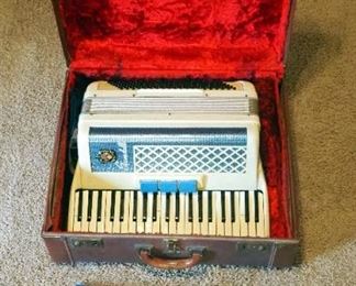 Scandalle Blue And Ivory Piano Accordion In Carry Case And Sheet Music