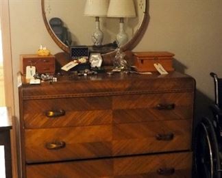 Antique Art Deco Waterfall Dresser With Mirror On Casters, 71" x 46" x 22"