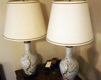 Painted Cherry Blossoms Porcelain Table Lamps On Wood Base 35" Tall, Qty 2