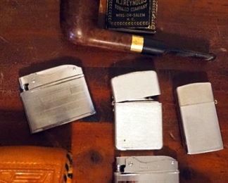 Butane Lighter Collection, Qty 4, Leather Cigarette Case, Smoking Pipe And Bottle Openers By Edelweiss Beer, Qty 4