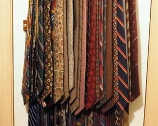 Assorted Men's Leather Belts, Mostly Woven Designs, 41" - 46", Approx 15, 3 Bolo Ties, And Large Collection Of Silk Ties