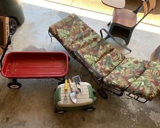 Wagon, lounge chair, student desk, gardening stool with tools