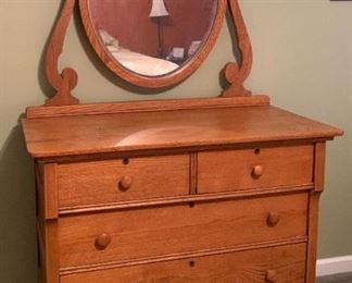 Solid Oak Antique Dresser with Oval Mirror - $ 100.00