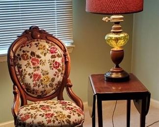 Atq Needlepoint Chair, Vtg Side Table Lamp